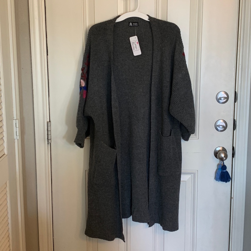 Grey floral embroidered cardigan